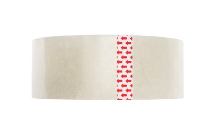 Photo of Roll of adhesive tape on white background, top view