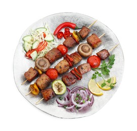 Photo of Plate of delicious shish kebabs with vegetables isolated on white, top view