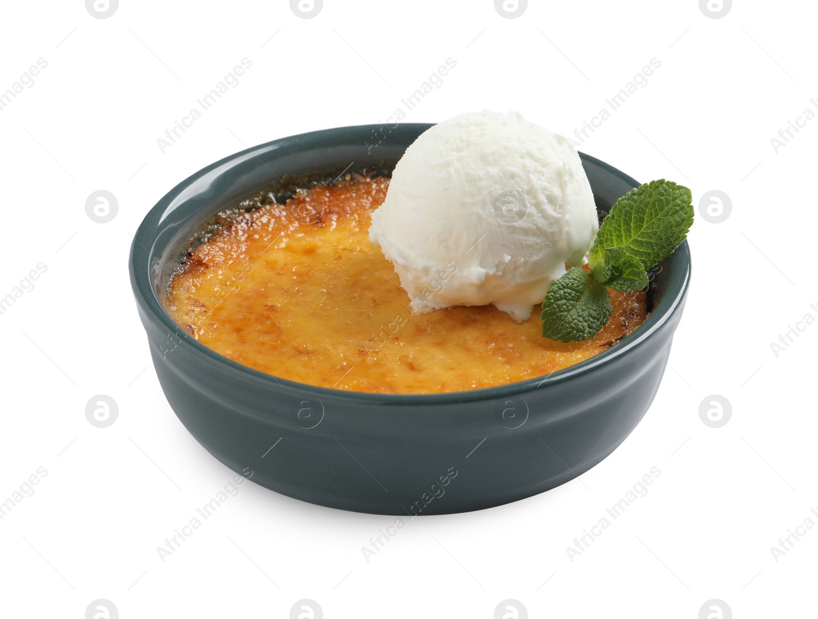 Photo of Delicious creme brulee with scoop of ice cream and mint isolated on white