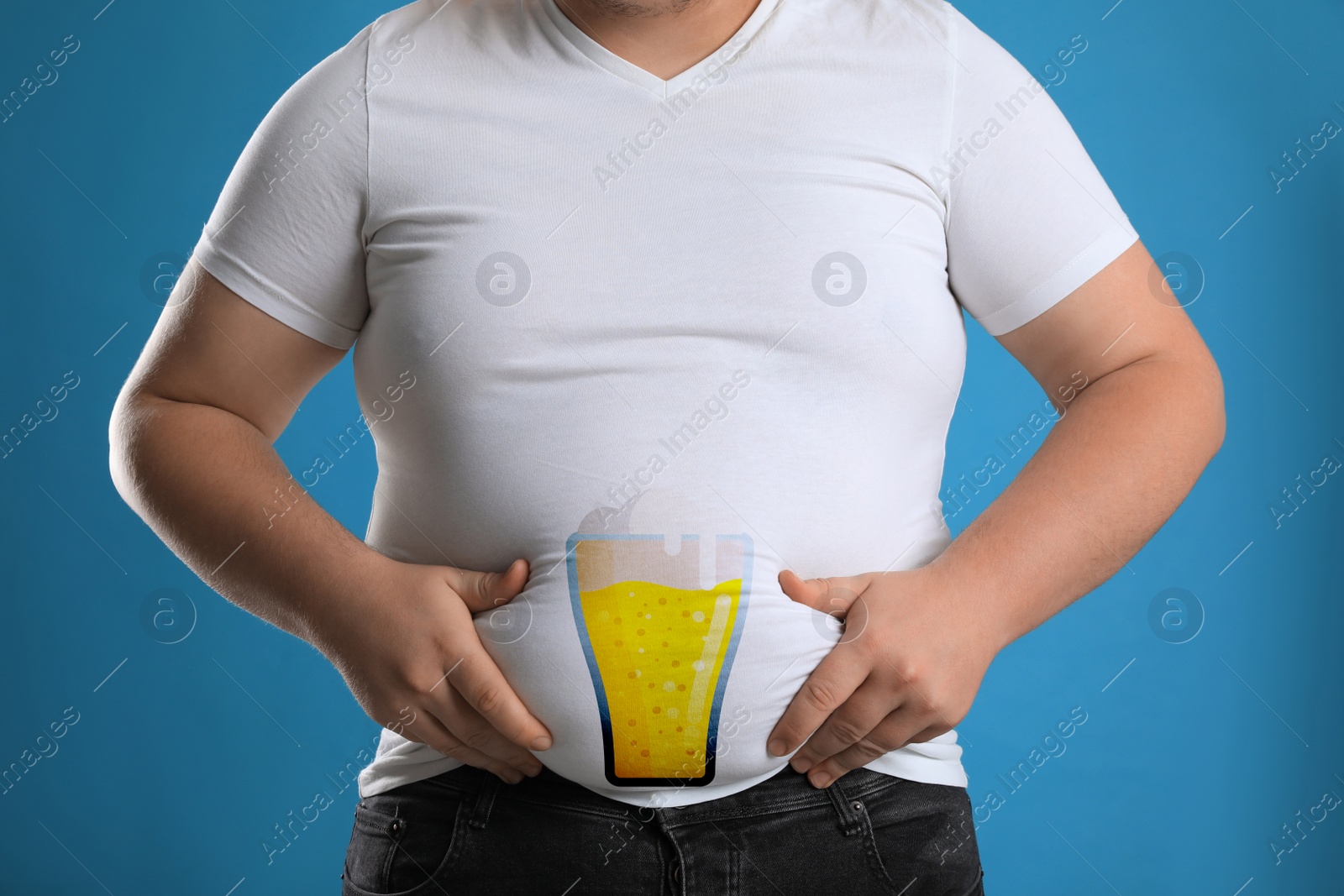 Image of Beer belly problem. Overweight man on blue background, closeup