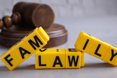 Cubes with words Family Law and gavel on grey table