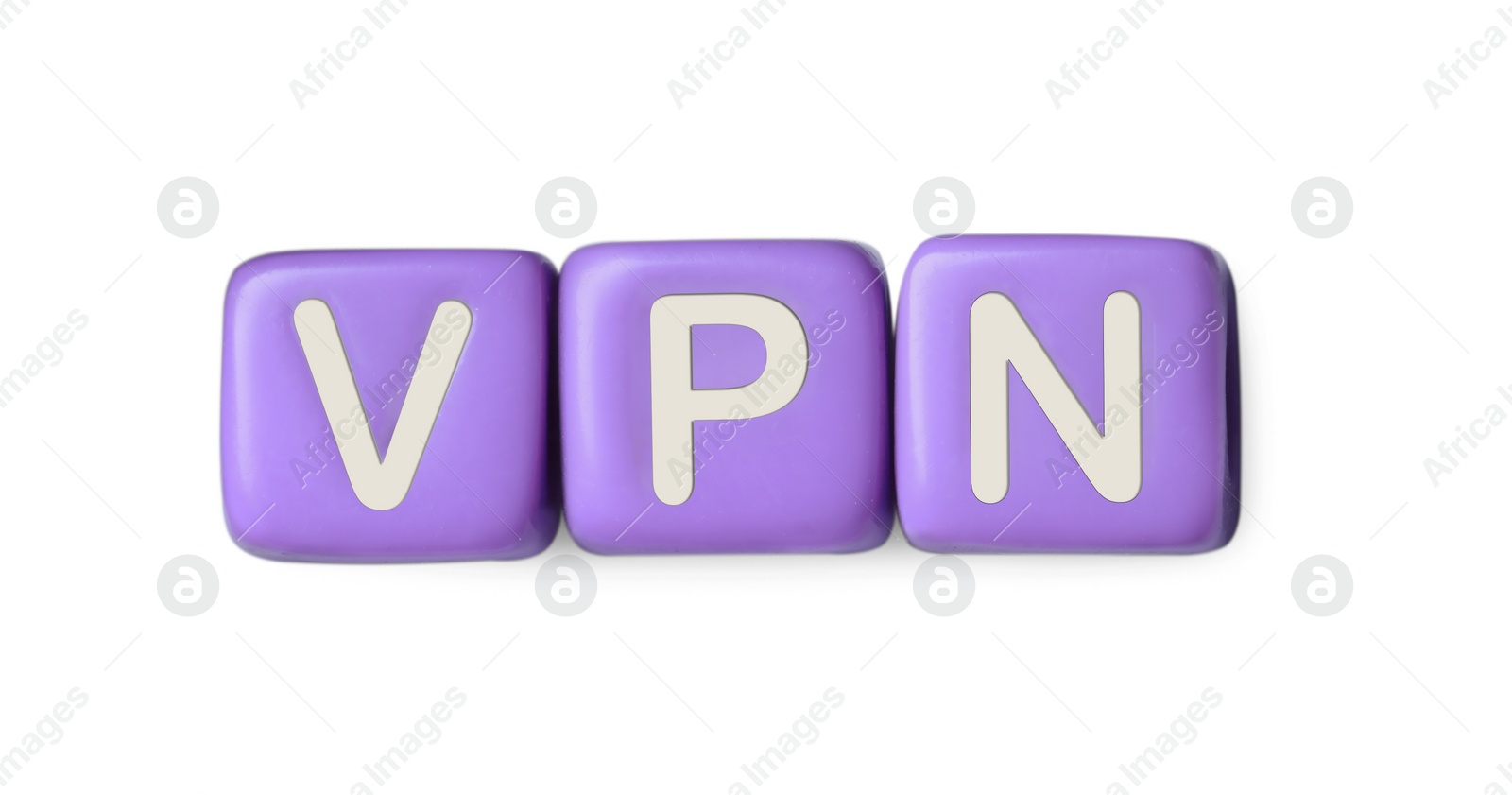 Photo of Lilac beads with acronym VPN on white background, top view