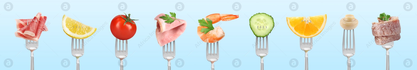 Image of Forks with different food products on light blue background, collection