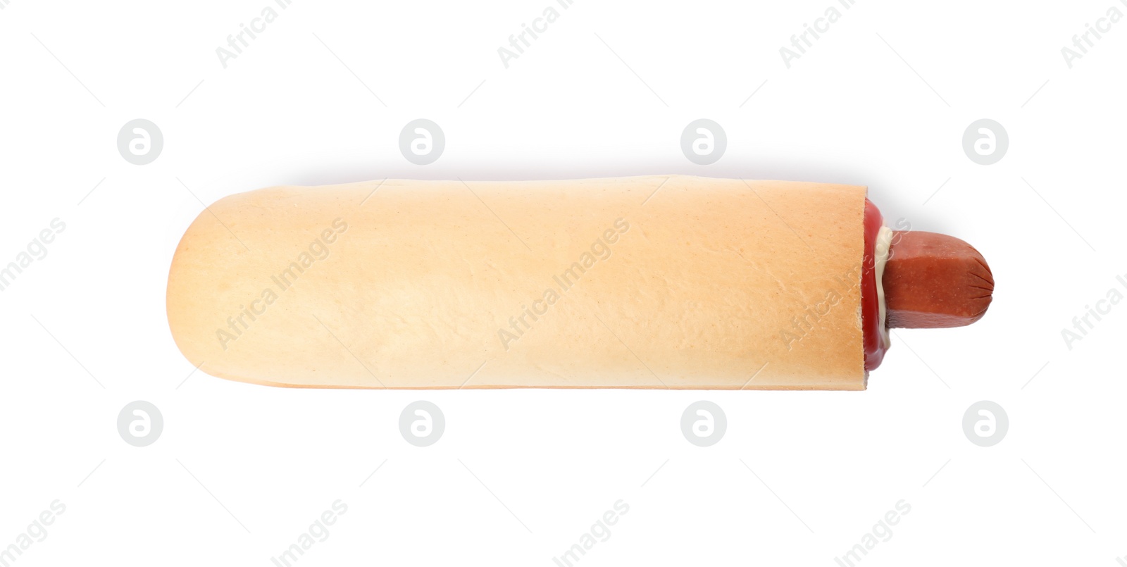 Photo of Tasty french hot dog with sauce isolated on white, top view