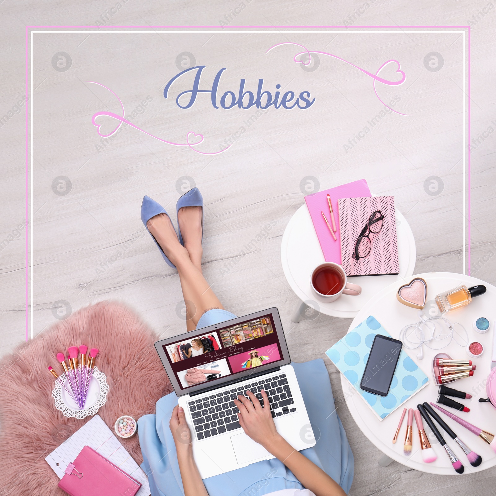 Image of Different hobbies. Woman with laptop and cosmetics sitting on floor, top view