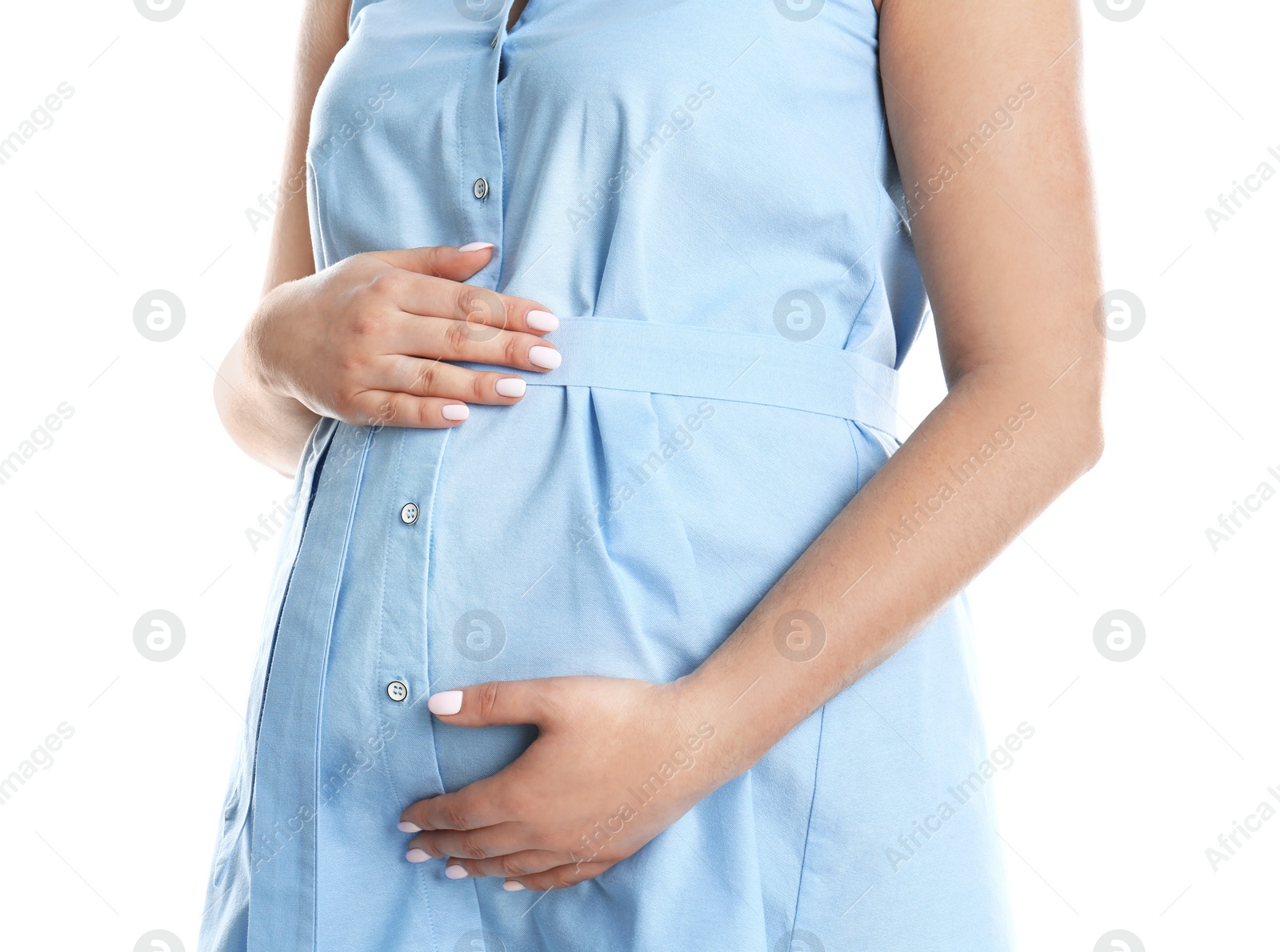 Photo of Pregnant woman on white background, closeup view