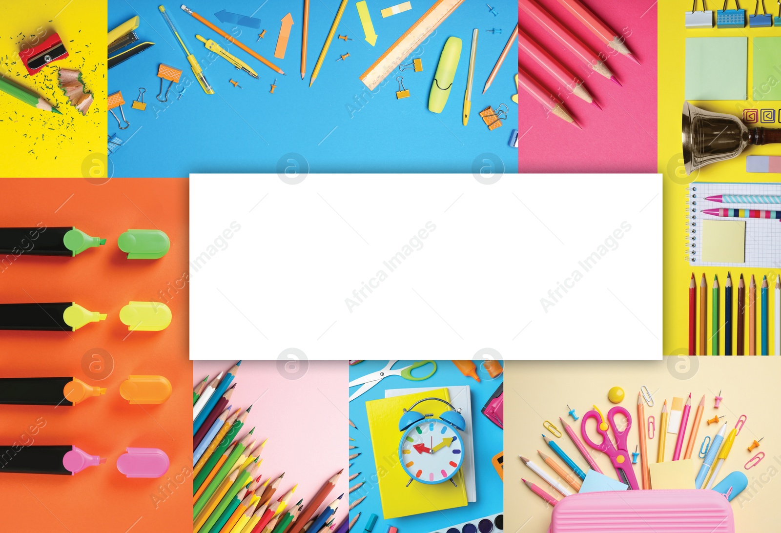 Image of Collage with photos of various school stationery on different color backgrounds, top view. Space for design