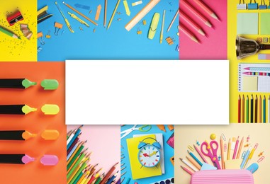 Image of Collage with photos of various school stationery on different color backgrounds, top view. Space for design