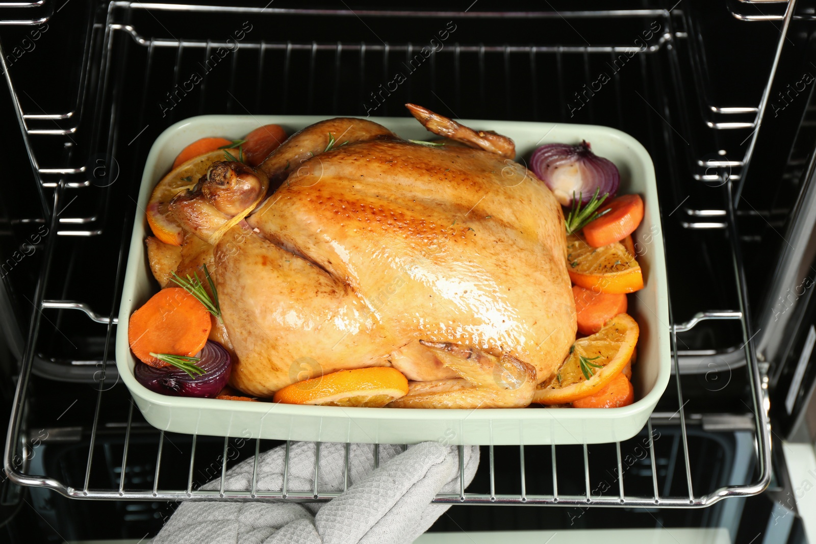 Photo of Woman taking baked chicken with oranges and vegetables out of oven, closeup