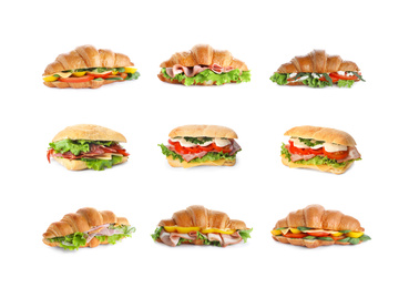 Image of Set of tasty croissant sandwiches on white background 