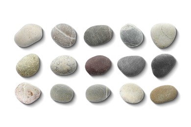 Image of Sea pebbles. Different stones isolated on white, top view