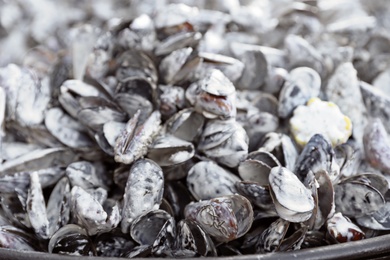 Photo of Delicious fresh mussels with sauce in pan, closeup