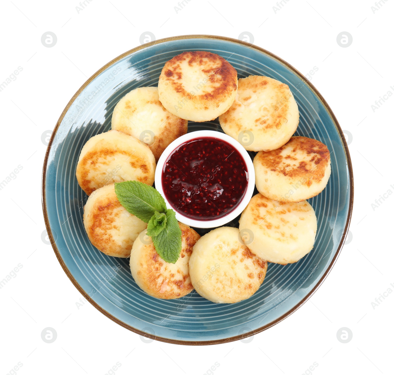 Photo of Delicious cottage cheese pancakes with jam and mint isolated on white, top view