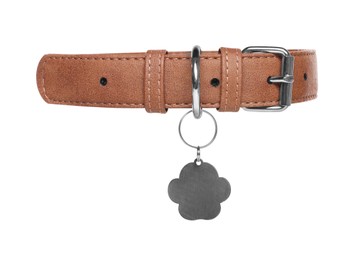 Photo of Brown leather dog collar with tag isolated on white