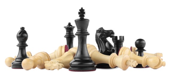 Photo of Many different chess pieces on white background