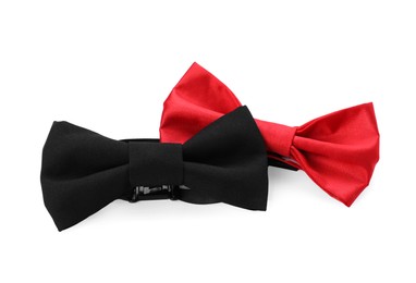 Different stylish bow ties on white background