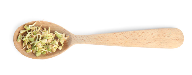 Wooden spoon of sprouted green buckwheat isolated on white, top view