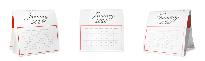 Collage of paper calendar on white background