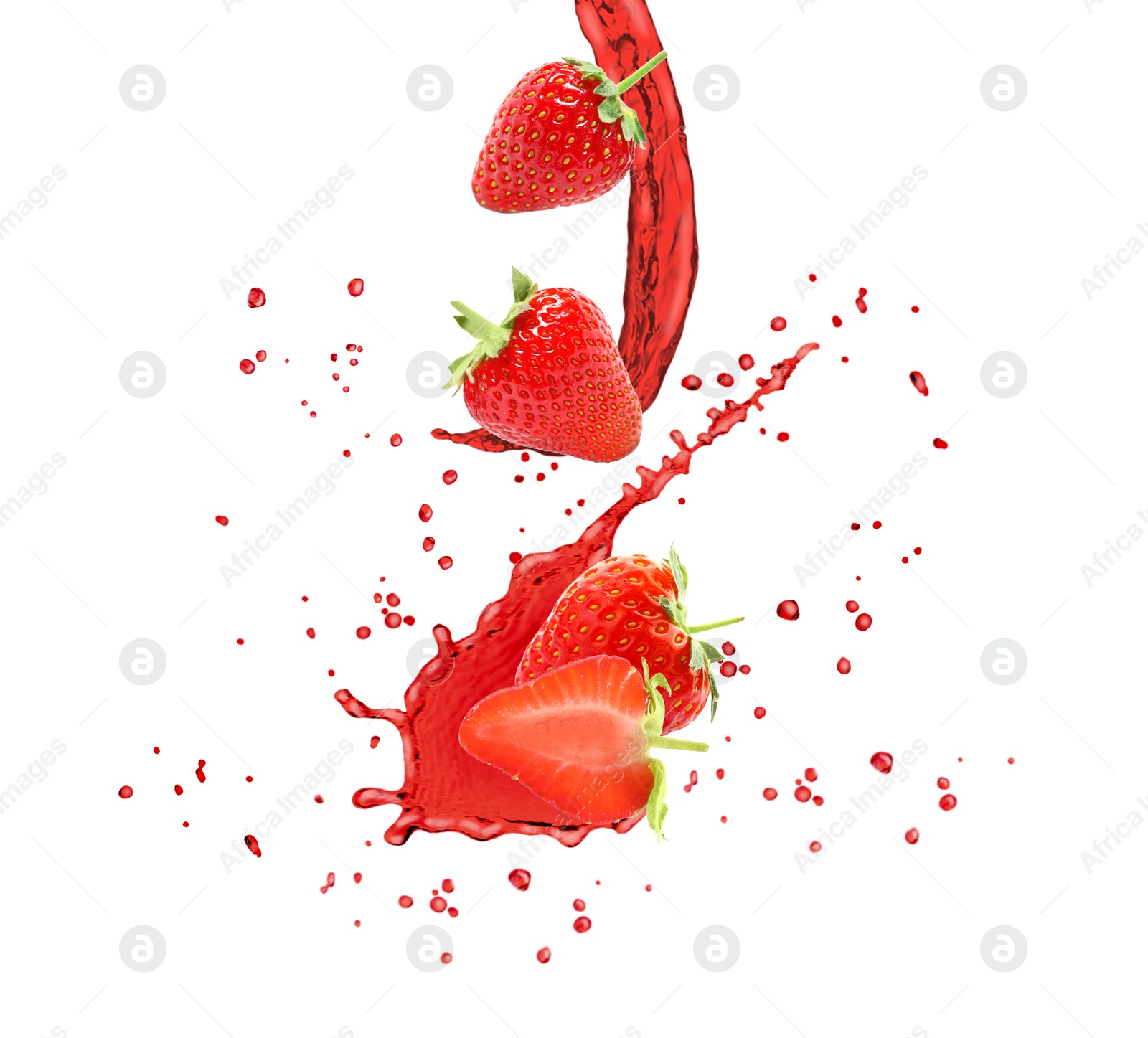 Image of Delicious ripe strawberries and splashes of juice on white background