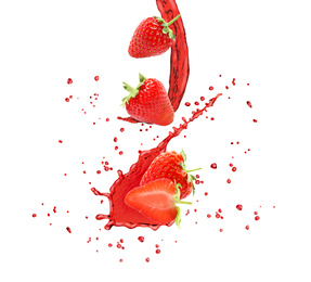 Delicious ripe strawberries and splashes of juice on white background