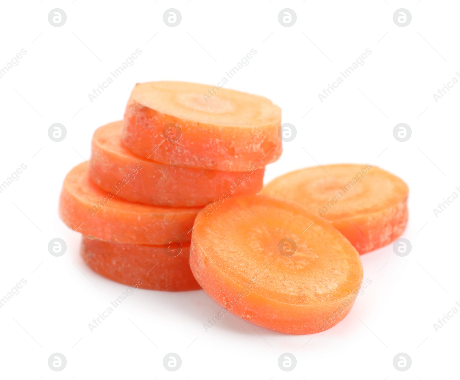 Photo of Slices of fresh ripe carrot on white background