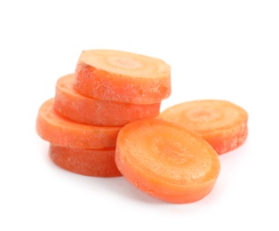 Slices of fresh ripe carrot on white background