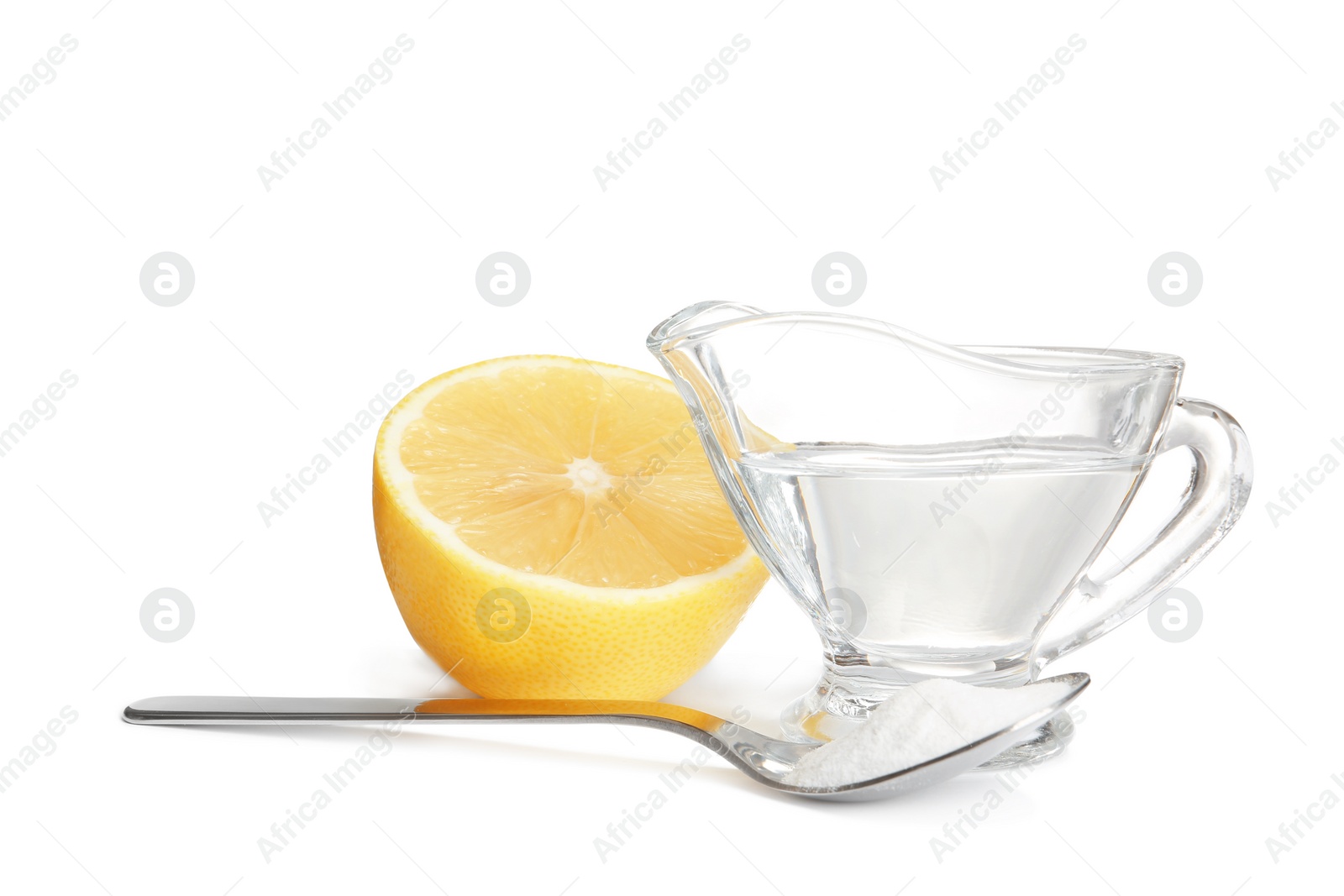 Photo of Composition with vinegar, lemon and baking soda on white background