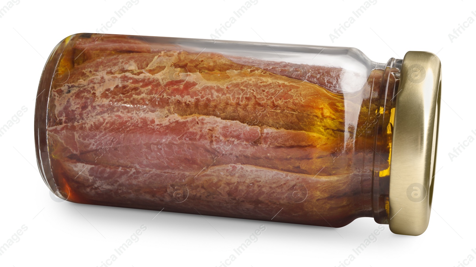 Photo of Jar with anchovy fillets in oil isolated on white