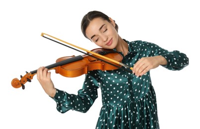 Photo of Beautiful woman playing violin on white background