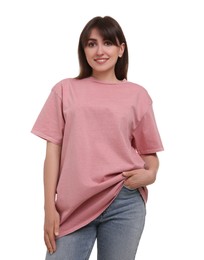 Photo of Smiling woman in stylish pink t-shirt on white background
