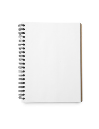 Stylish open notebook isolated on white, top view