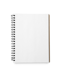 Photo of Stylish open notebook isolated on white, top view