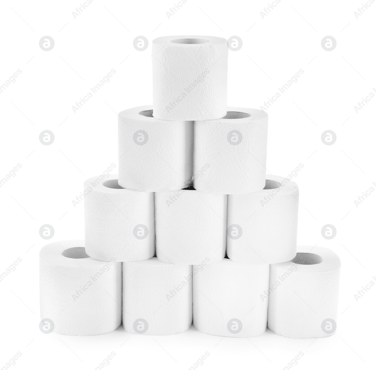 Photo of Pyramid of toilet paper rolls isolated on white