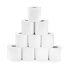 Photo of Pyramid of toilet paper rolls isolated on white