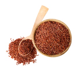 Bowl and spoon with uncooked brown rice on white background, top view