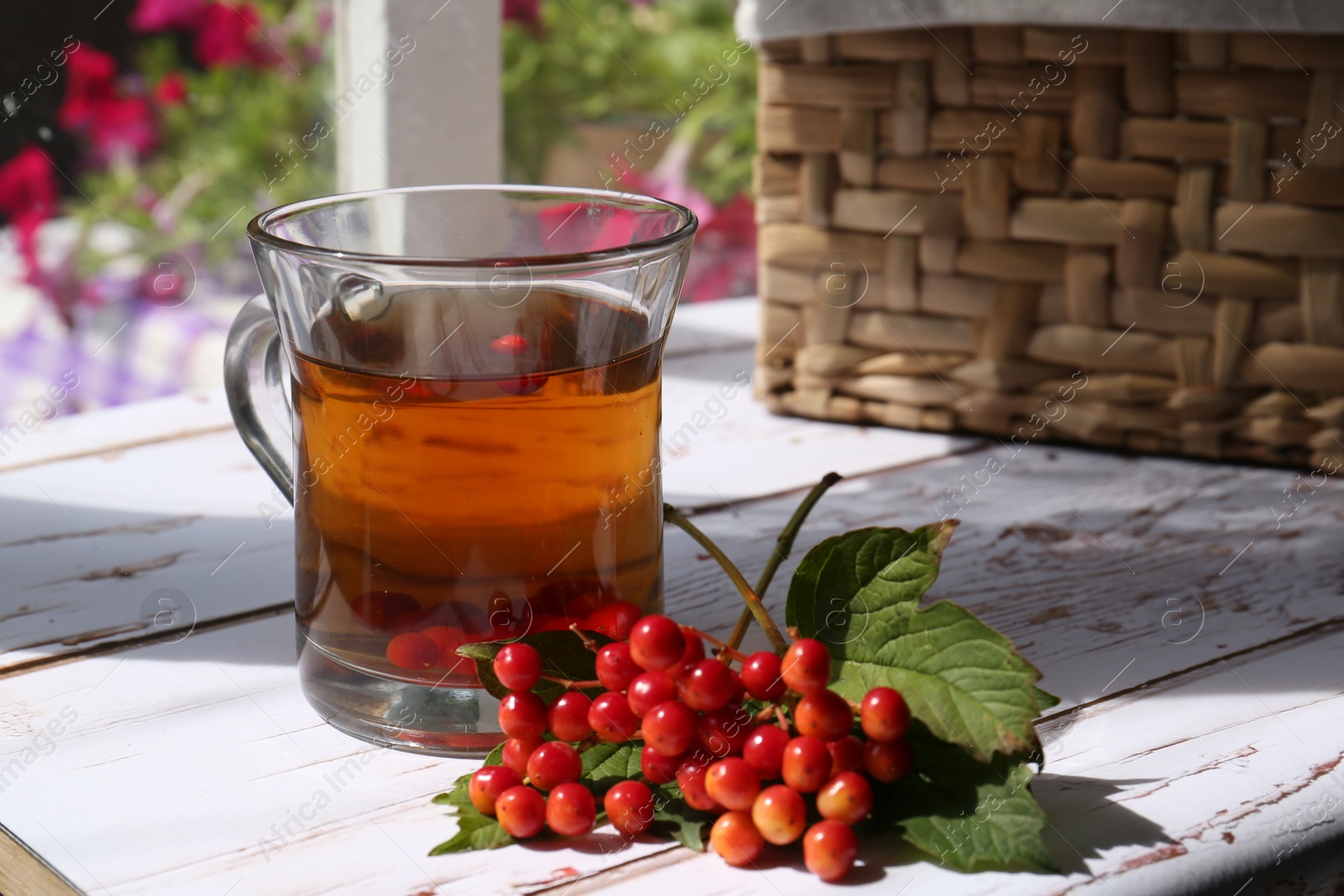 Photo of Cup of hot drink and helpful viburnum berries on white wooden table indoors