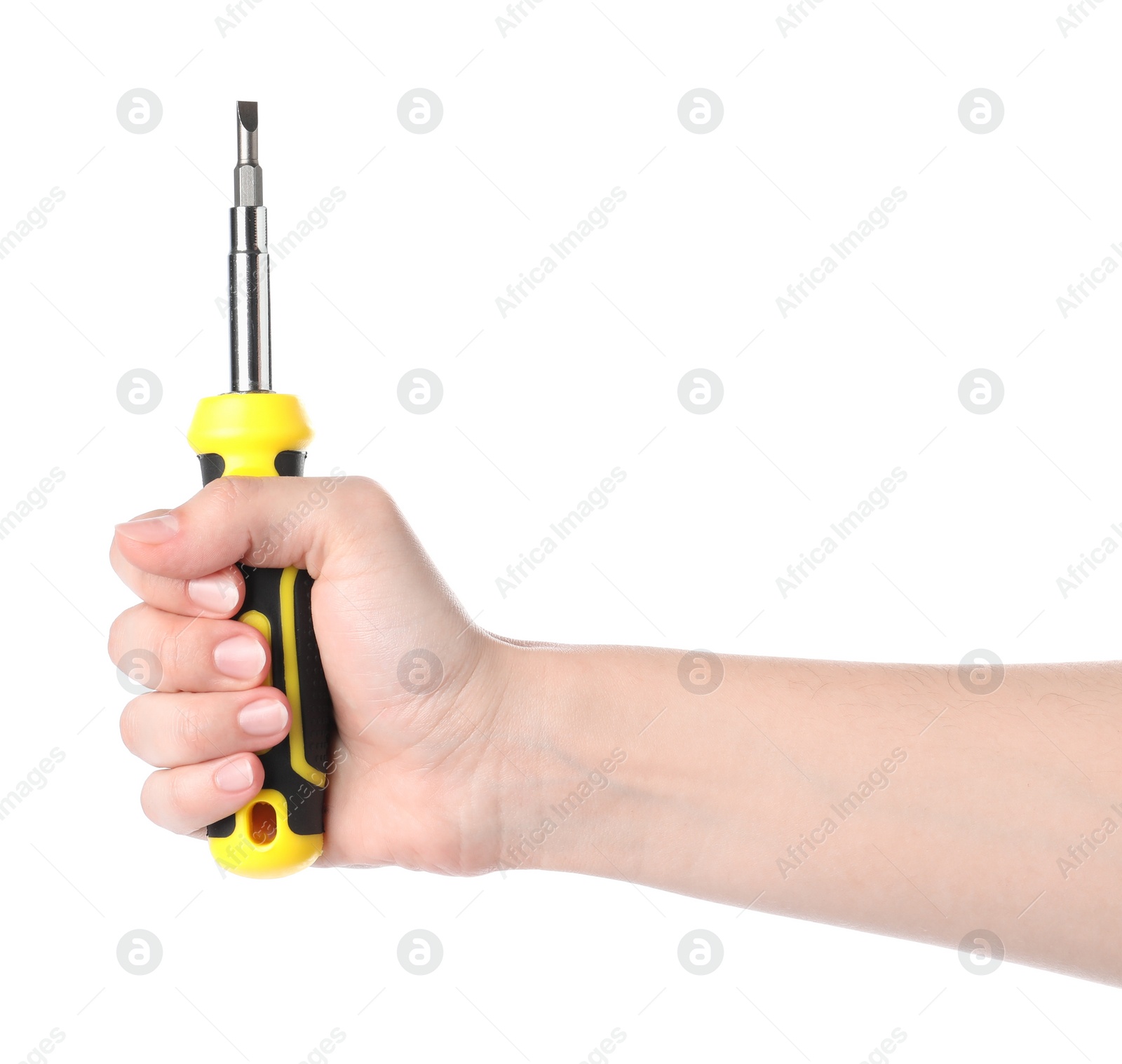 Photo of Woman holding screwdriver on white background, closeup