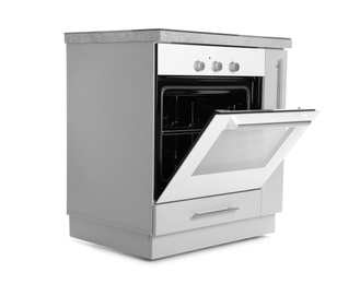 Photo of Open modern electric oven on white background. Kitchen appliance