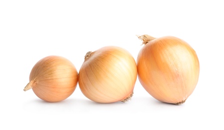 Photo of Fresh ripe onion bulbs on white background