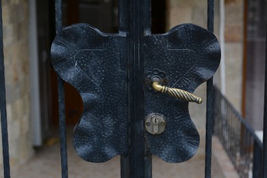 Beautiful metal gate with bronze handle and lock outdoors, closeup