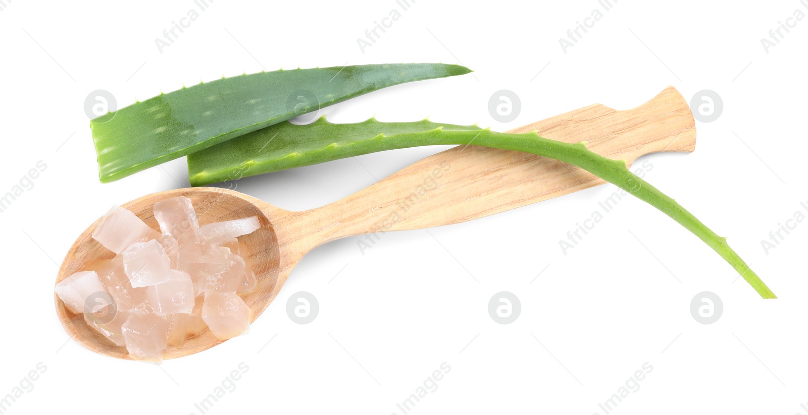 Photo of Aloe vera gel in spoon and slices of plant isolated on white, top view