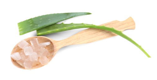 Aloe vera gel in spoon and slices of plant isolated on white, top view