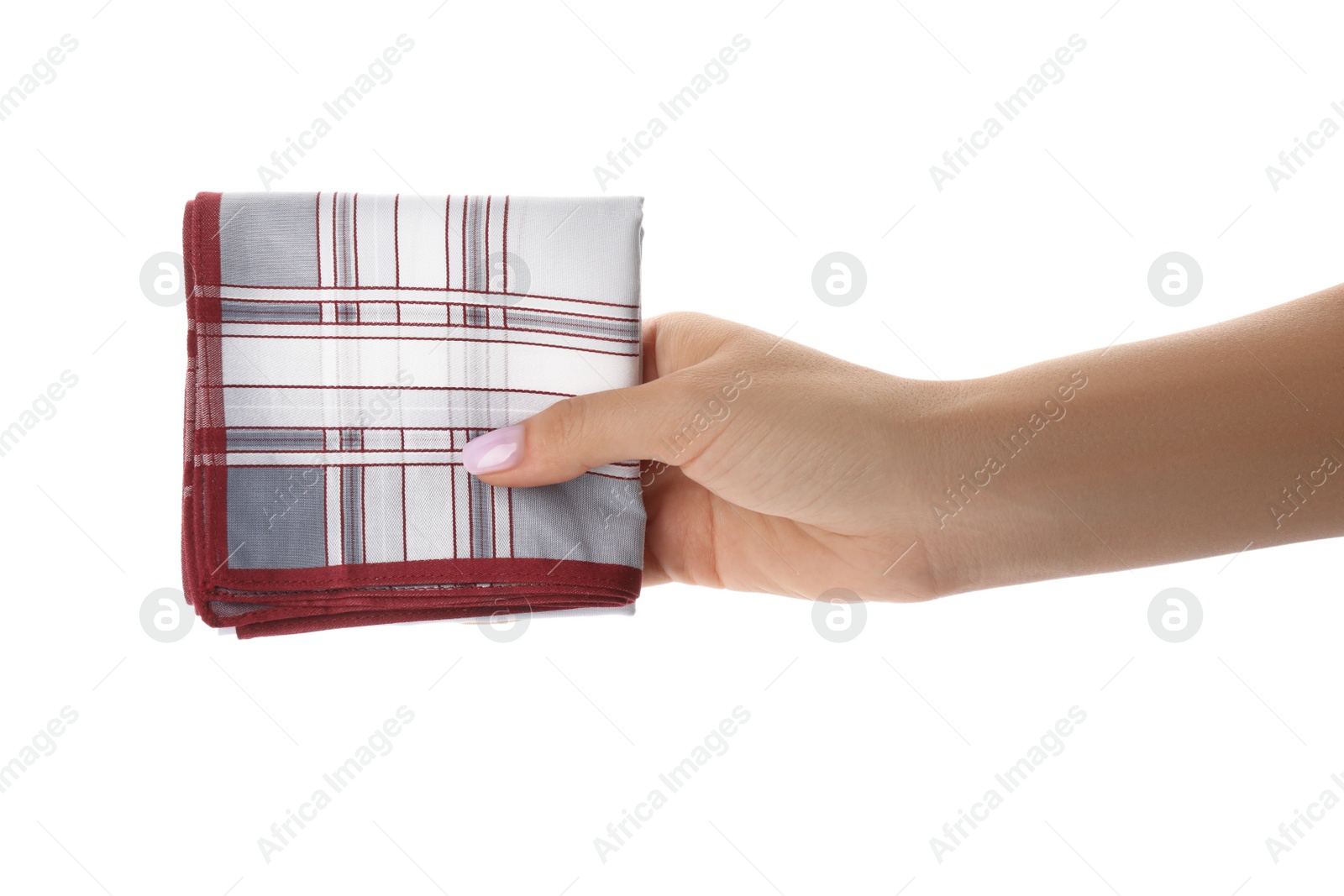 Photo of Woman holding handkerchief isolated on white, closeup