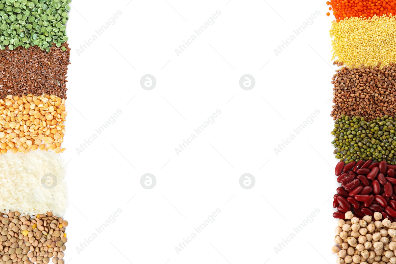 Photo of Different grains and cereals on white background, top view