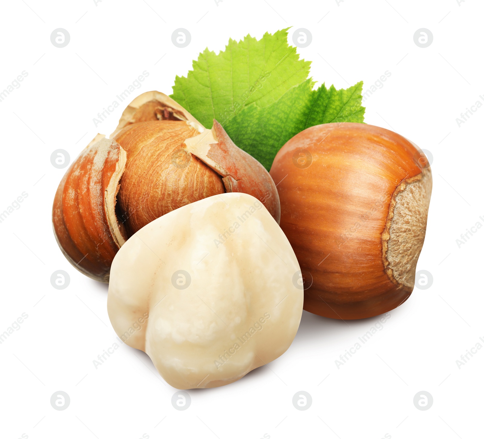 Image of Tasty hazelnuts and green leaves on white background