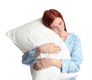 Photo of Young woman wearing pajamas with pillow in sleepwalking state on white background