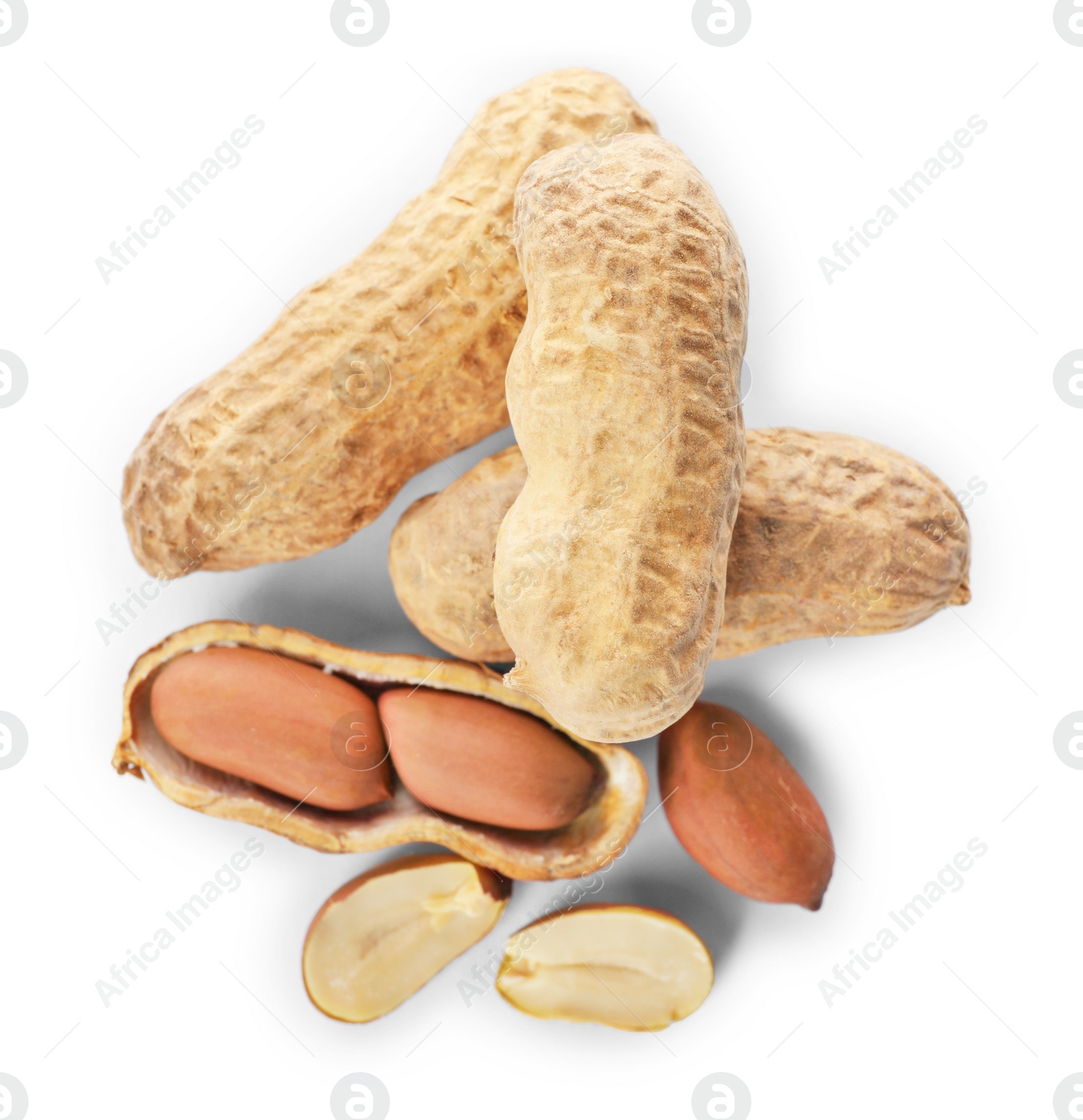 Photo of Raw peanuts on white background, top view. Healthy snack