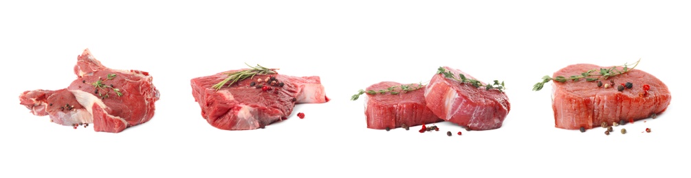 Set with raw meat on white background. Banner design  