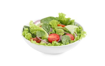 Photo of Delicious salad with lettuce, tomatoes and spinach isolated on white