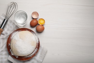 Photo of Flat lay composition with dough and ingredients on white wooden table, space for text. Sodawater bread recipe